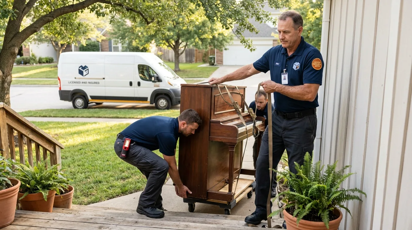 Licensed piano movers securing grand piano in Grand Rapids, MN
