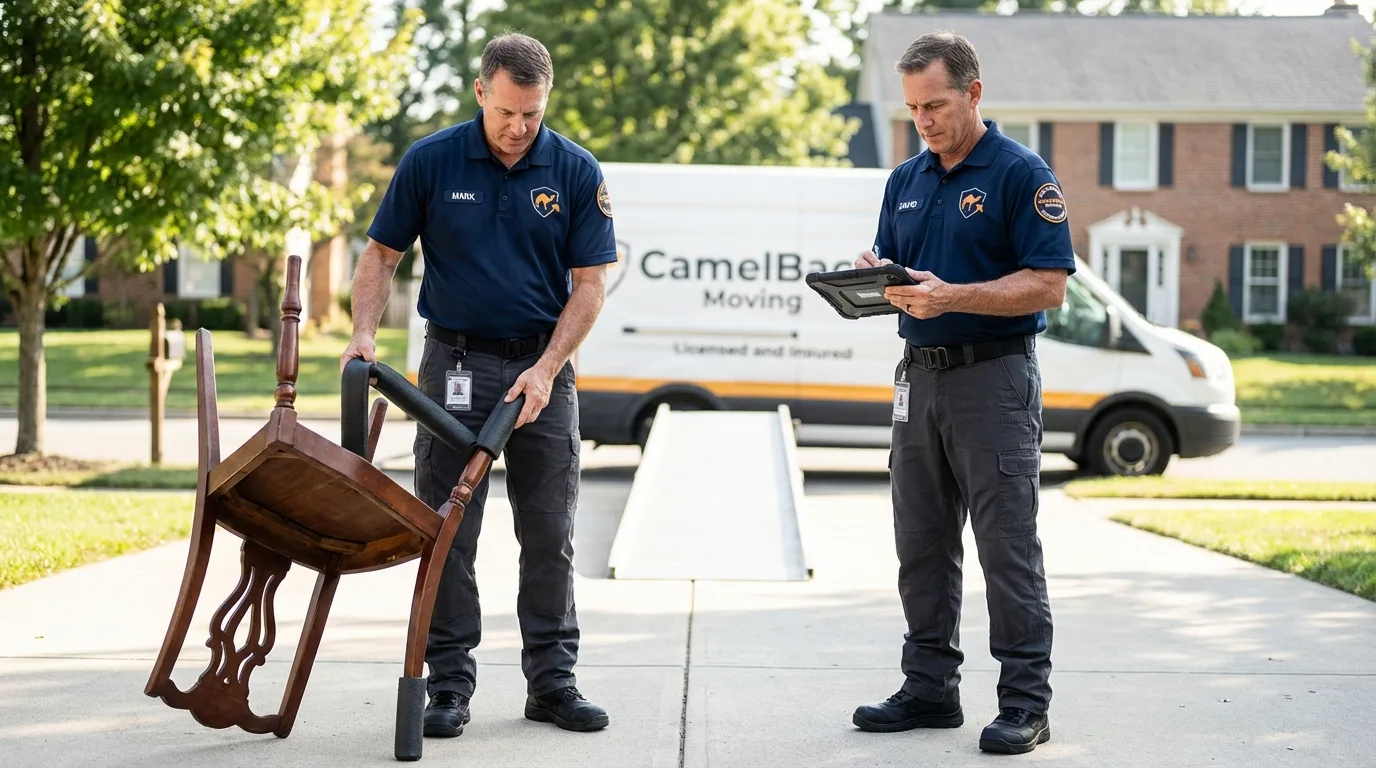 Movers inspecting furniture for damage prevention before loading in Grand Rapids, MN