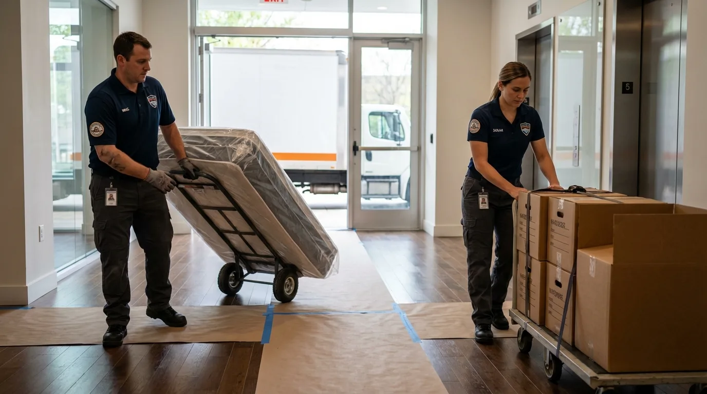Professional apartment movers loading elevator in Grand Rapids, MN